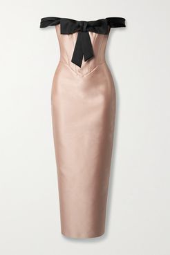 Off-the-shoulder Bow-embellished Duchesse-satin Dress - Blush
