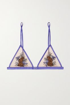 Satin-trimmed Embroidered Tulle Soft-cup Triangle Bra - Blue