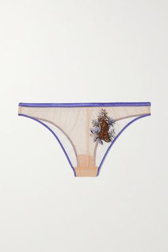 Satin-trimmed Embroidered Tulle Briefs - Blue