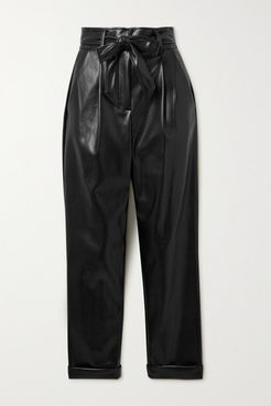 Belted Pleated Vegan Leather Tapered Pants - Black