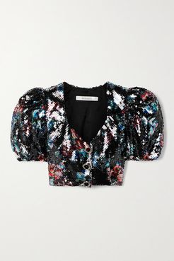 Cropped Sequined Tulle Top - Black