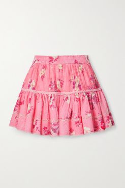 Jennings Crochet-trimmed Floral-print Cotton-seersucker Mini Skirt - Antique rose