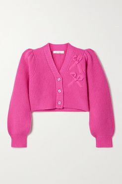 Avignon Cropped Appliquéd Ribbed Cashmere Cardigan - Fuchsia