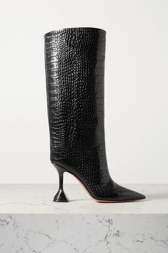 Rain Croc-effect Leather Knee Boots - Black