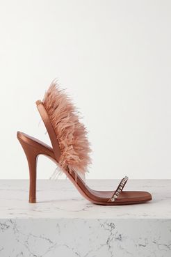 Adwoa Crystal And Feather-embellished Satin Slingback Sandals - Neutral