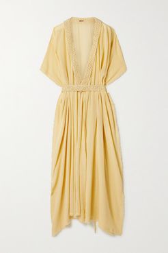 Net Sustain Paqari Belted Crochet-trimmed Cotton-gauze Maxi Wrap Dress - Pastel yellow