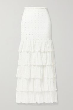 Lindsey Shirred Tiered Embellished Silk-crepon Maxi Skirt - White