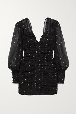 Calla Ruched Printed Silk-chiffon Mini Dress - Black