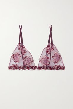 Flower Explosion Embroidered Stretch-tulle Soft-cup Triangle Bra - Purple