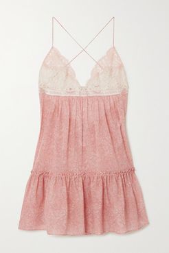 Tree Of Life Leavers Lace And Embroidered Tulle-trimmed Floral-print Stretch-silk Chemise - Pink