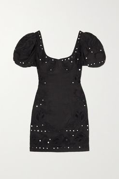 Open-back Embroidered Embellished Ramie Mini Dress - Black