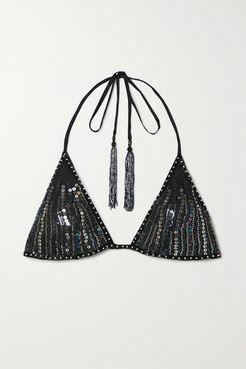 India Sequin-embellished Silk-georgette Soft-cup Triangle Bra - Black