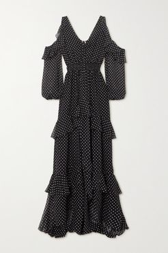 Cold-shoulder Ruffled Polka-dot Silk-chiffon Maxi Dress - Black