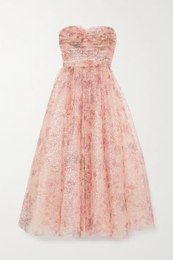 Strapless Metallic Floral-print Tulle Gown - Blush