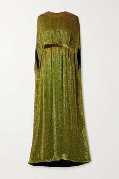 Cape-effect Velvet-trimmed Sequined Chiffon Gown - Chartreuse