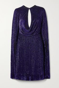 Cape-effect Cutout Draped Sequined Tulle Dress - Purple