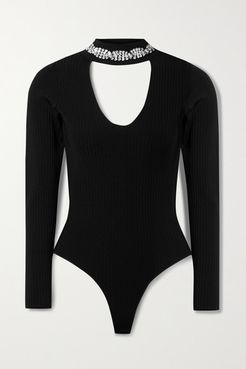 Cutout Crystal-embellished Ribbed-knit Bodysuit - Black