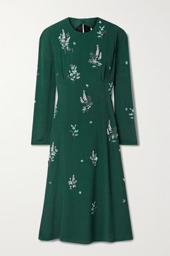 Velvet-trimmed Embellished Cutout Crepe Midi Dress - Emerald