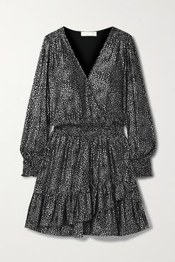 Wrap-effect Ruffled Metallic Printed Georgette Mini Dress - Black