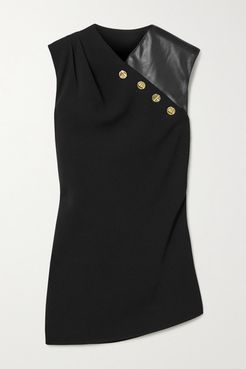 Button-embellished Crepe And Faux Leather Top - Black