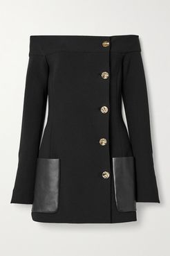 Off-the-shoulder Leather-trimmed Wool-blend Crepe Jacket - Black
