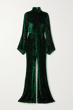 Glittered Devoré-velvet Jumpsuit - Dark green