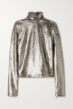 Sequined Jersey Turtleneck Top - Silver