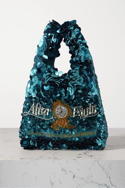Mini Embellished Sequined Satin Tote - Teal