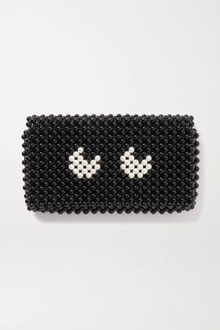 Eyes Leather-trimmed Beaded Clutch - Black