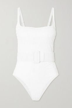 Cassandra Belted Seersucker Swimsuit - White