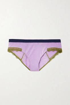 Lily Lace And Stretch Satin-trimmed Jersey Briefs - Purple