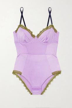 Lily Lace And Stretch Satin-trimmed Jersey Underwired Bodysuit - Purple