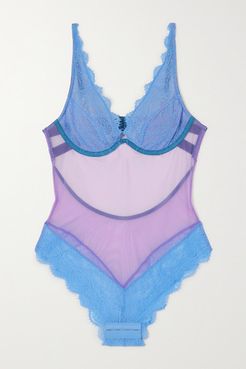 Jessica Stretch-tulle And Lace Bodysuit - Blue