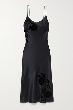 Appliquéd Embroidered Silk-satin Midi Dress - Black