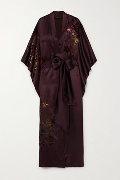 Belted Appliquéd Embroidered Silk-satin Robe - Burgundy