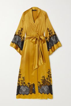 Belted Chantilly Lace-trimmed Silk-satin Robe - Yellow