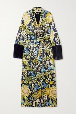 Capability Velvet-trimmed Floral-print Silk-satin Robe - Navy