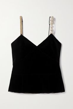 Faux Pearl And Chain-embellished Cotton-velvet Camisole - Black