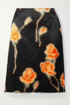 Lace-trimmed Floral-print Satin Skirt - Black