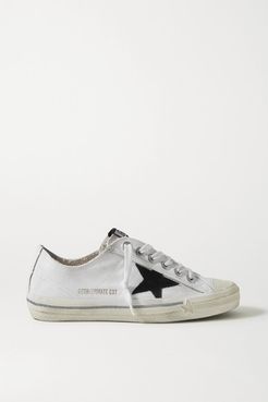 V-star Leather-trimmed Distressed Canvas Sneakers - White