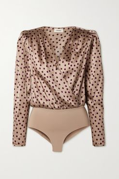 Brenda Wrap-effect Polka-dot Silk-blend Satin And Stretch-jersey Bodysuit - Beige