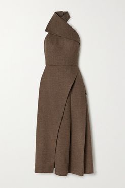 Brandon Maxwell - Draped Checked Wool Halterneck Midi Dress - Brown