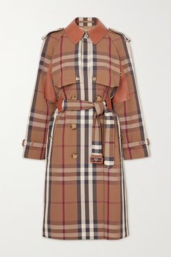 Double-breasted Checked Gabardine And Leather Trench Coat - Brown