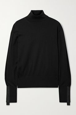 Oversized Embroidered Canvas-trimmed Merino Wool And Silk-blend Turtleneck Sweater - Black