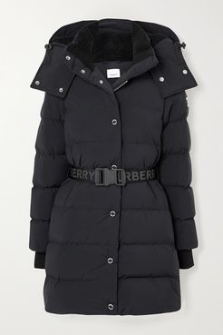 Net Sustain Belted Hooded Quilted Shell Down Coat - Black