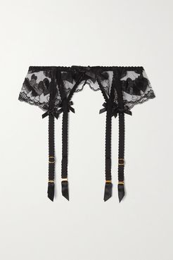 Milena Embellished Metallic Embroidered Tulle Suspender Belt - Black