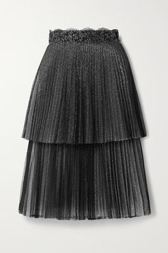 Lace-trimmed Pleated Layered Point D'esprit Tulle And Metallic Mesh Midi Skirt - Black