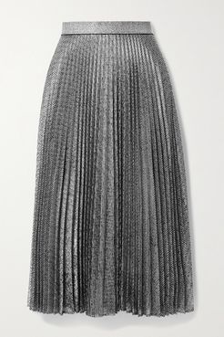 Pleated Metallic Lamé Midi Skirt - Silver
