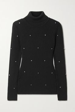 Crystal-embellished Ribbed Merino Wool Turtleneck Sweater - Black