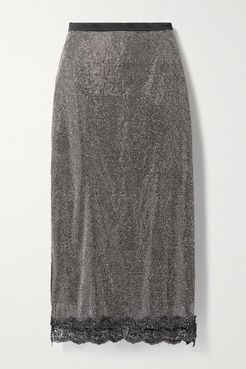Lace-trimmed Crystal-embellished Chainmail Midi Skirt - Black